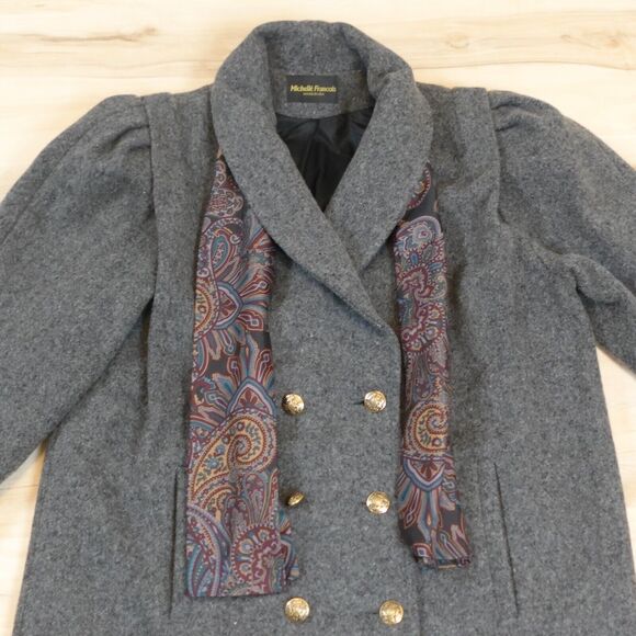 Michelle Francois Women XL 16 Coat Long Gray Wool Blend Gold Buttons Winter VTG - Picture 3 of 11